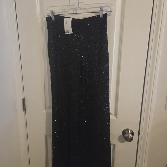 H&M Black Herringbone Patterned Sequin Pants Size S NWT - Picture 3 of 4